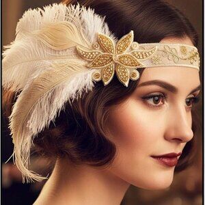 White Feather Flapper Headband 1920s Gatsby Beaded Hair Accessories Woman